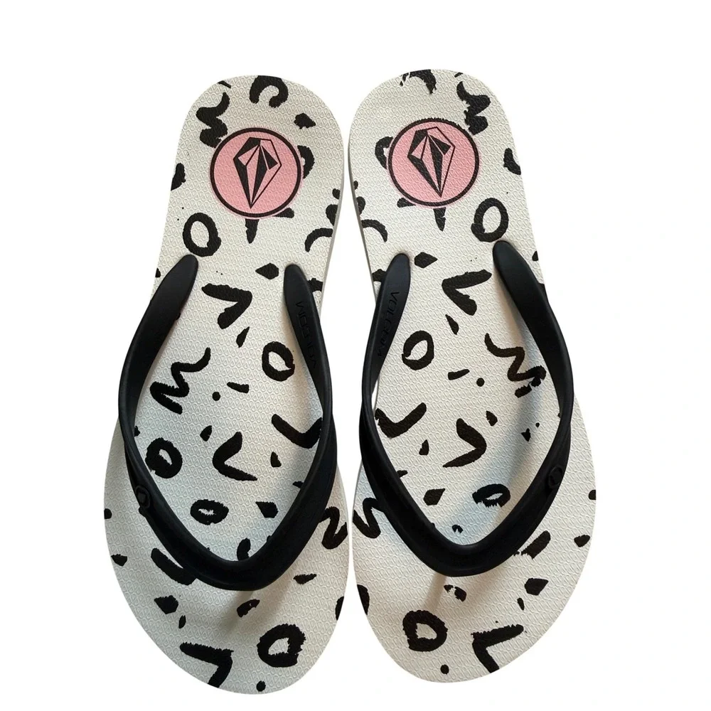 Volcom White Flip Flops with‎ Repeating Logo Print Women's Size 6.5 – Pre-Owned